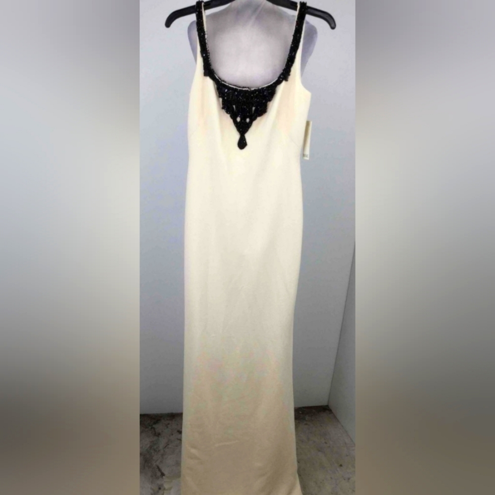 NWT Badgley Mischka Collection ivory and black beaded gown
